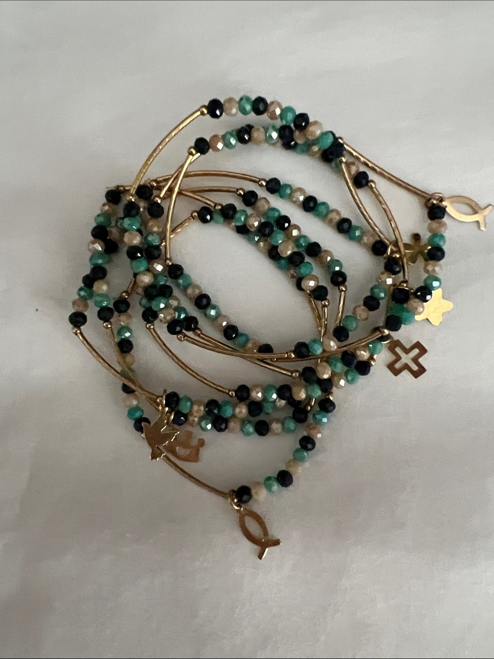 Gold Beaded Charm Bracelet - Green & Black Beads